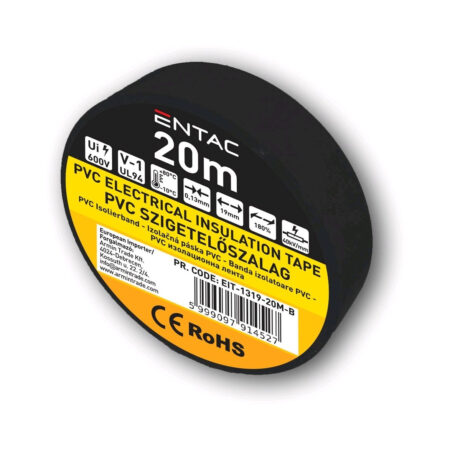 Profesionálna elektroizolačná páska PVC, Entac, 0,13×19 mm, čierna farba, balenie 20m