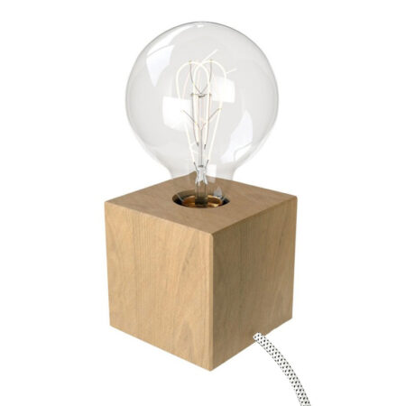 Stolová drevená lampa Cube z prírodného dreva s textilným káblom Bianco:Nero